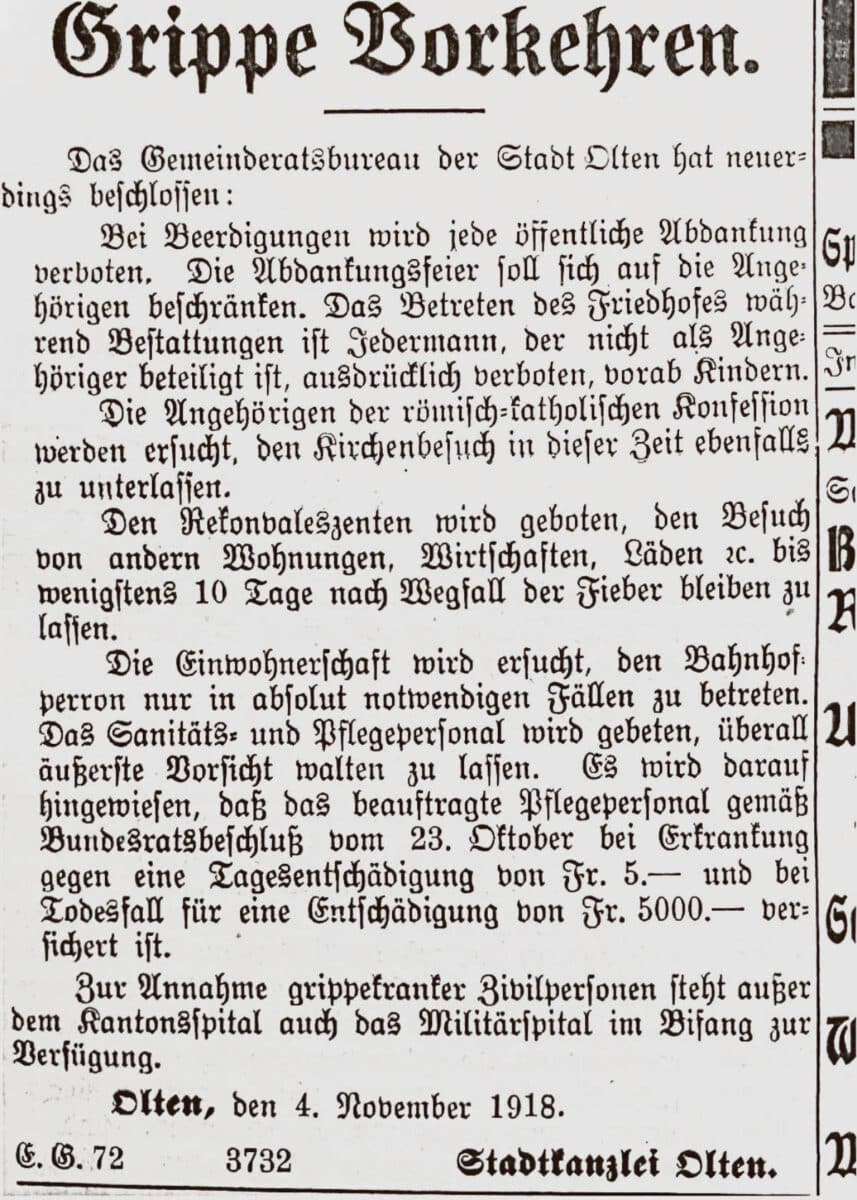 Spanische Grippe / Anzeiger Thal Gäu Olten