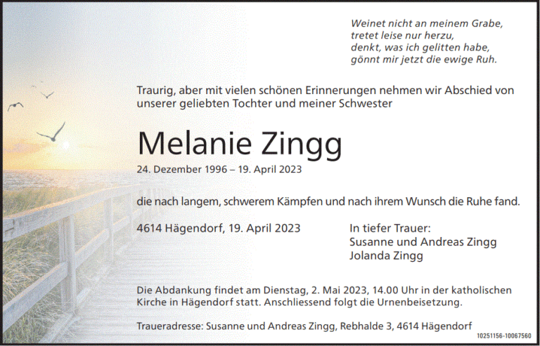 Melanie Zingg 1996 Todesanzeige / Anzeiger Thal Gäu Olten