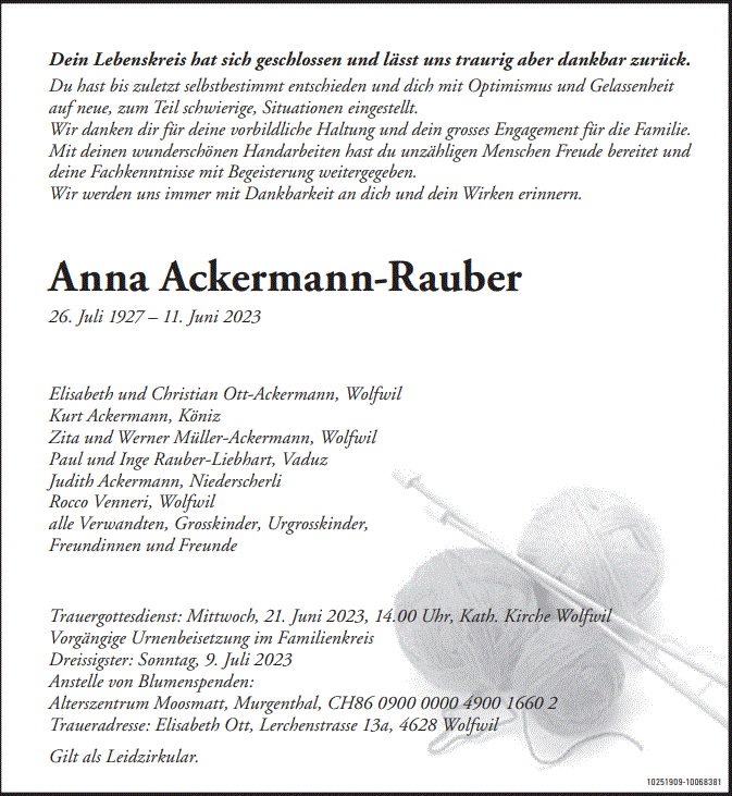 Anna Ackermann-Rauber 1927 Todesanzeige / Anzeiger Thal Gäu OIten