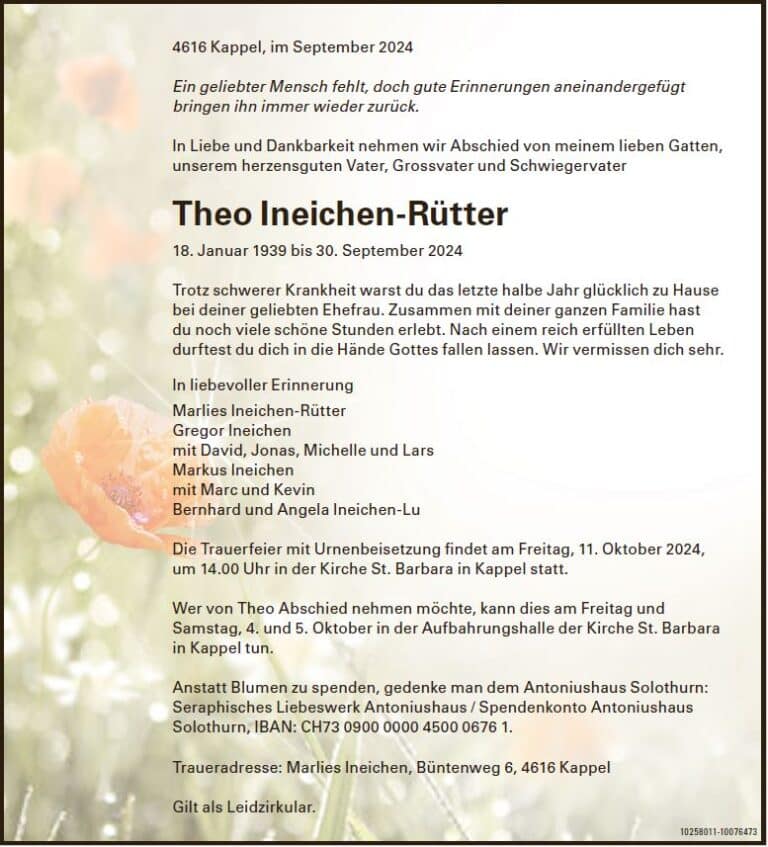 Theo Ineichen-Rütter 1939 Todesanzeige / Anzeiger Thal Gäu Olten