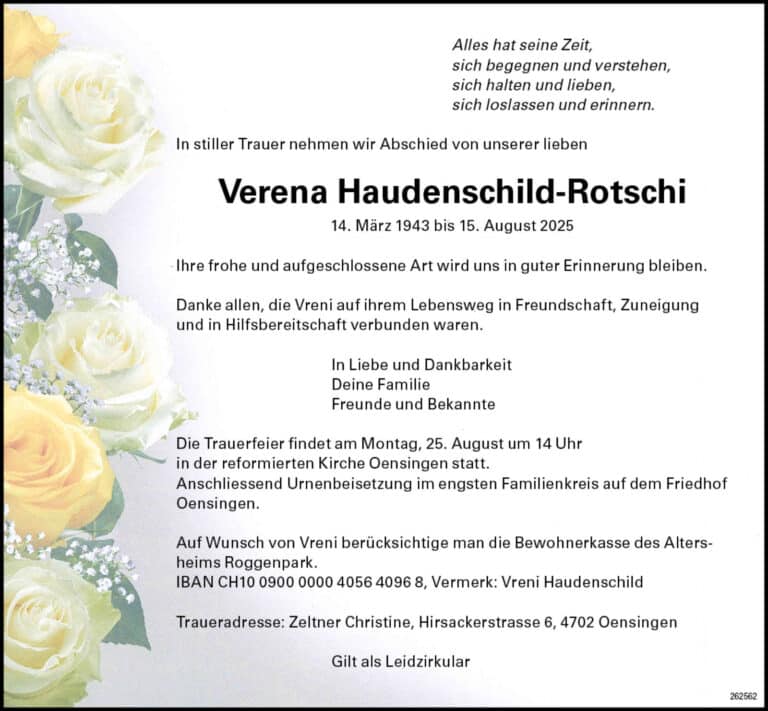 Verena Haudenschild-Rotschi 1943 Todesanzeige / Anzeiger Thal Gäu Olten