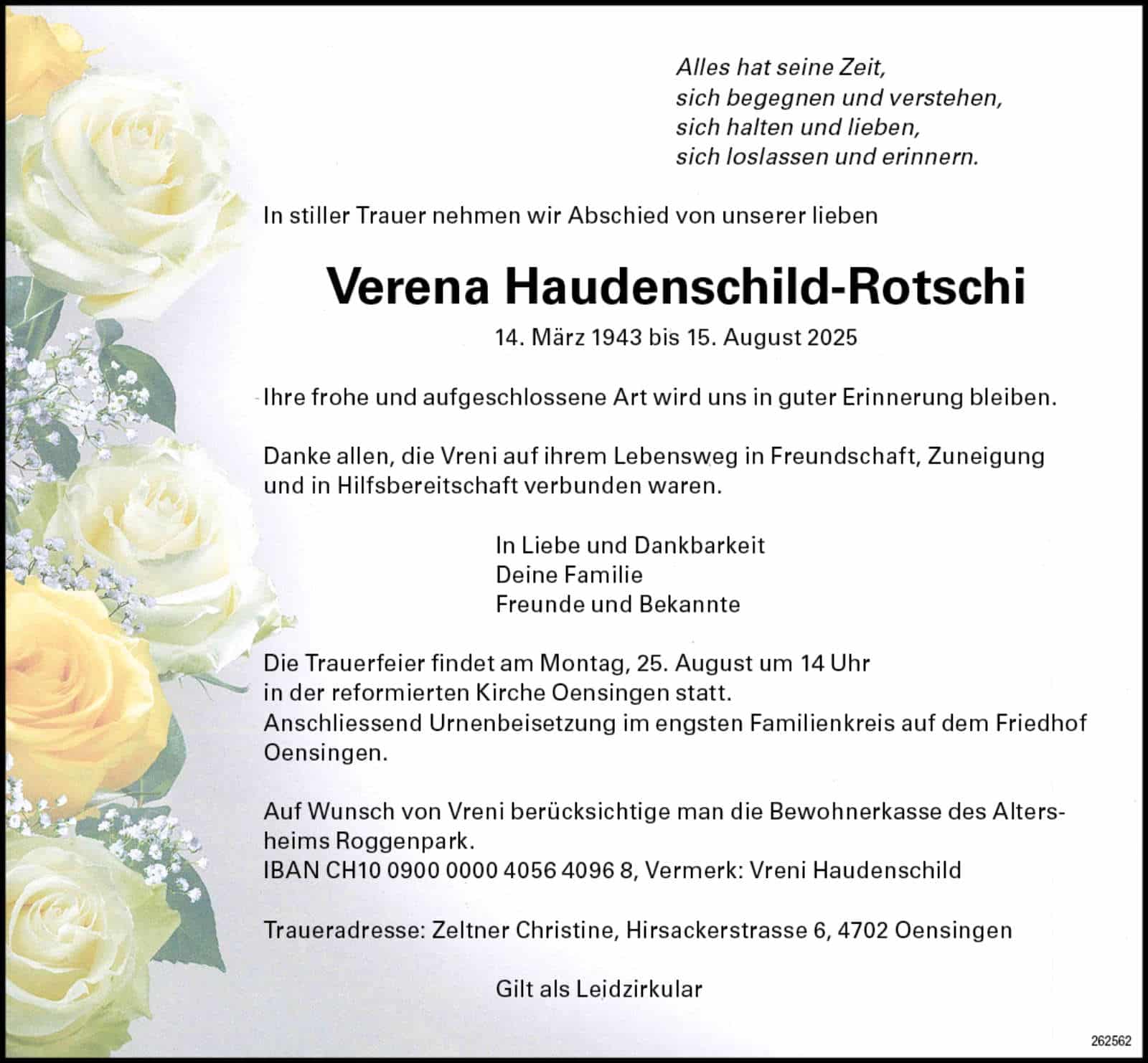 Verena Haudenschild-Rotschi 1943 Todesanzeige / Anzeiger Thal Gäu Olten