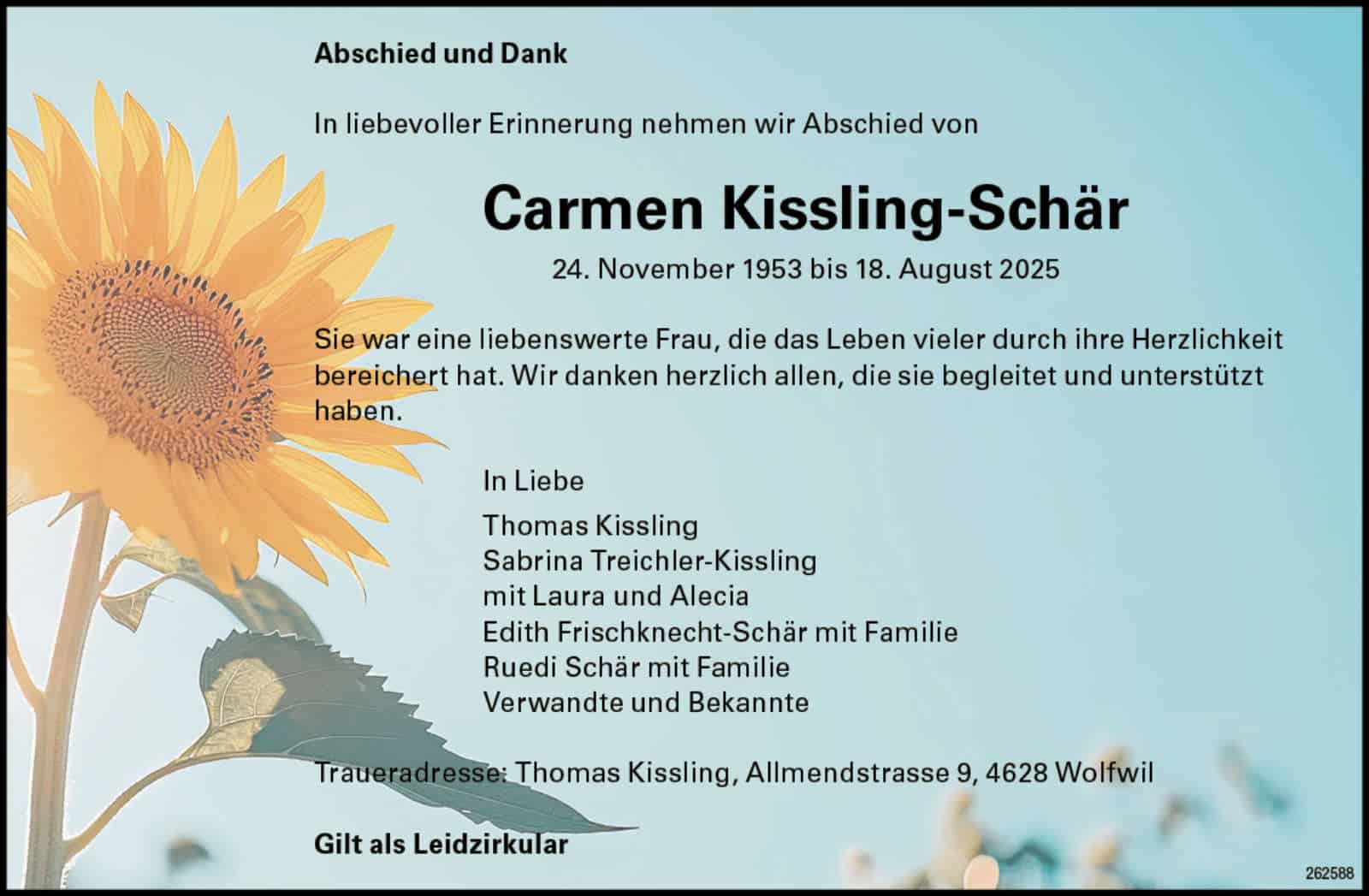 Carmen Kissling-Schär 1953 Todesanzeige / Anzeiger Thal Gäu Olten