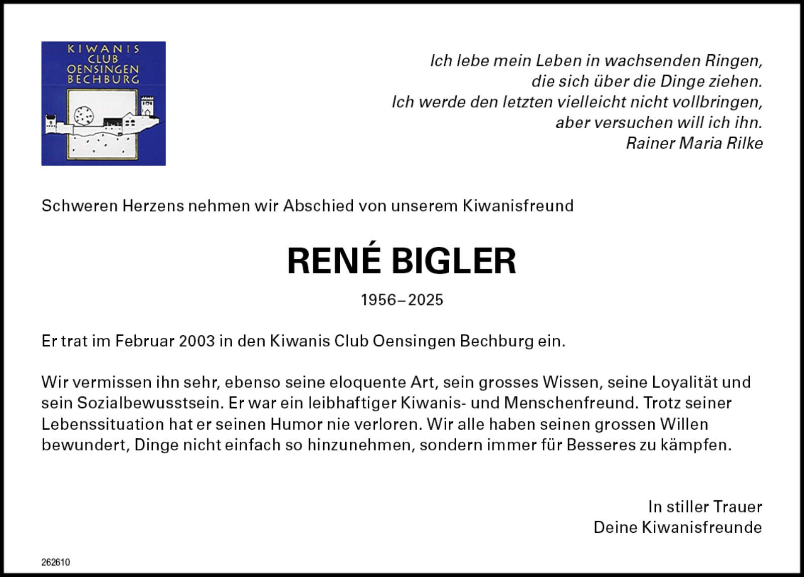 René Bigler 1956 Todesanzeige / Anzeiger Thal Gäu Olten