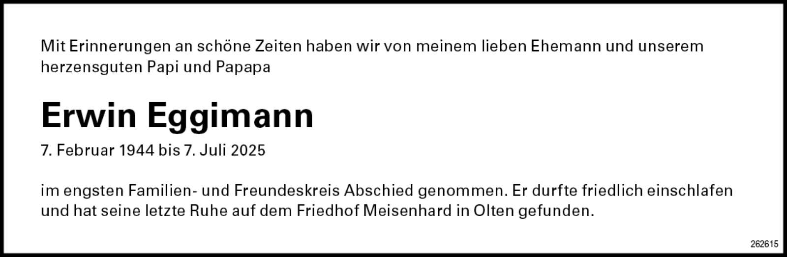 Erwin Eggimann 1944 Todesanzeige / Anzeiger Thal Gäu Olten