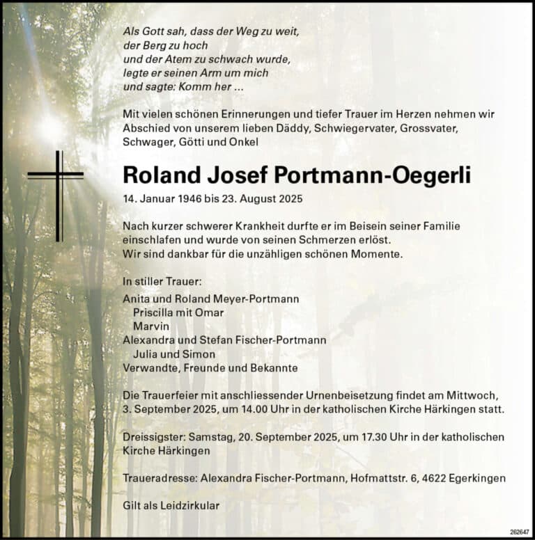 Roland Josef Portmann-Oegerli 1946 Todesanzeige / Anzeiger Thal Gäu Olten