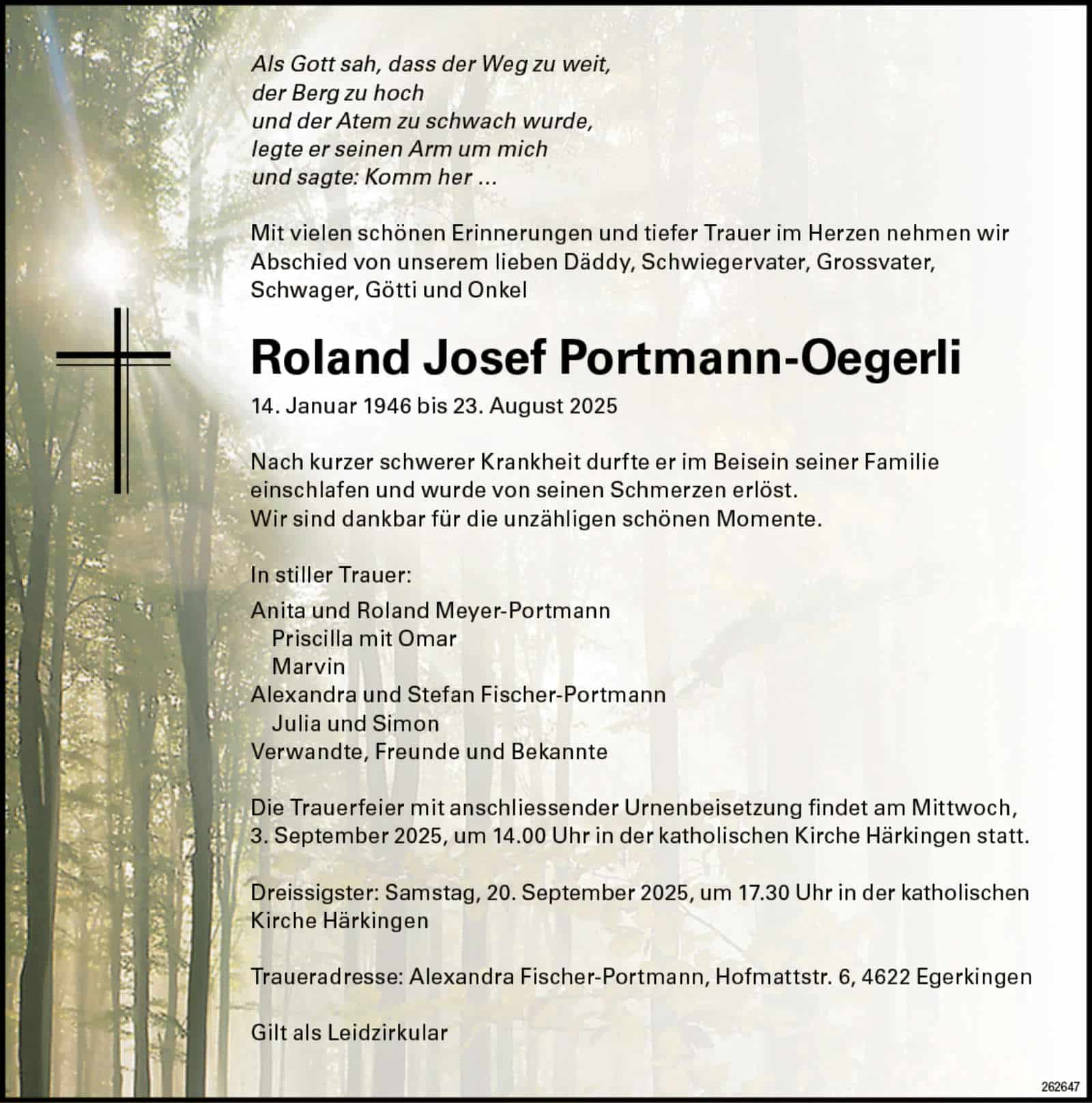 Roland Josef Portmann-Oegerli 1946 Todesanzeige / Anzeiger Thal Gäu Olten
