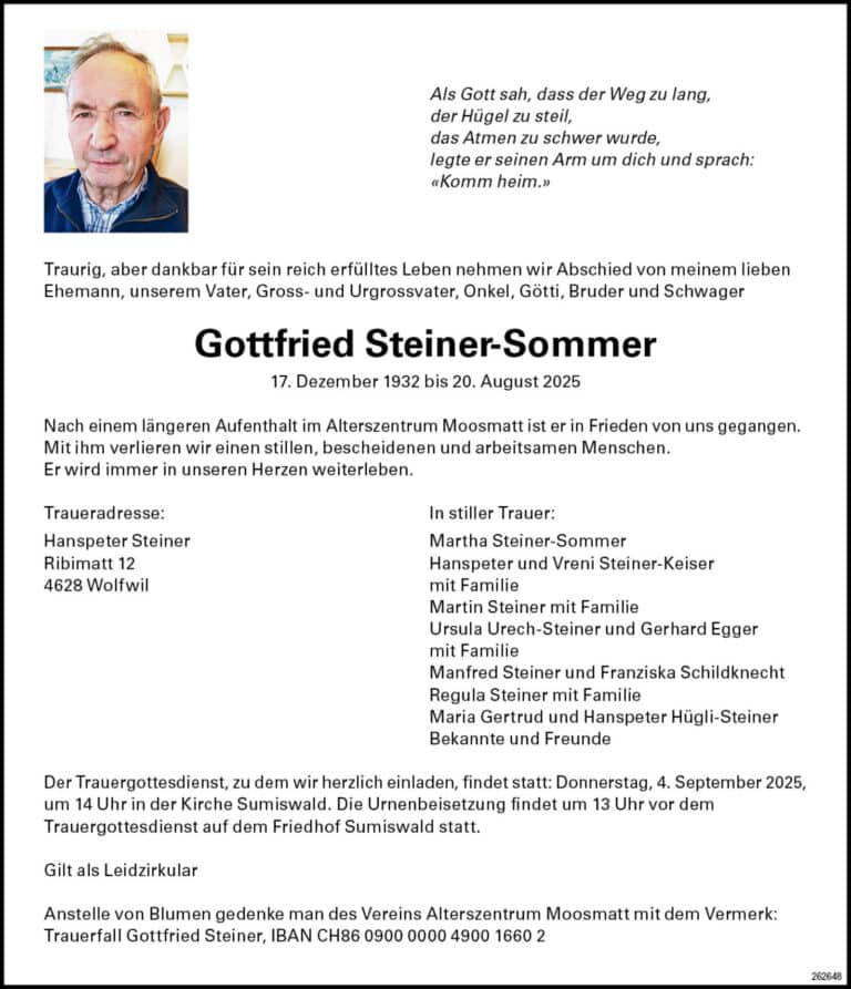 Gottfried Steiner-Sommer 1932 Todesanzeige / Anzeiger Thal Gäu Olten
