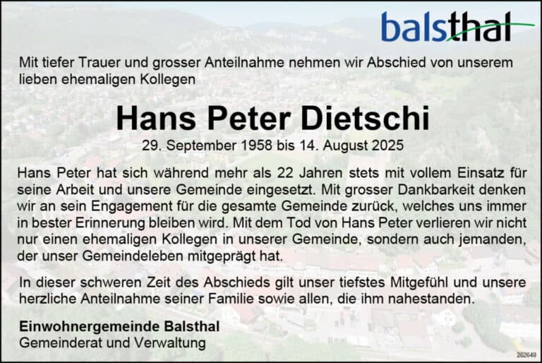 Hans Peter Dietschi 1958 Todesanzeige / Anzeiger Thal Gäu Olten