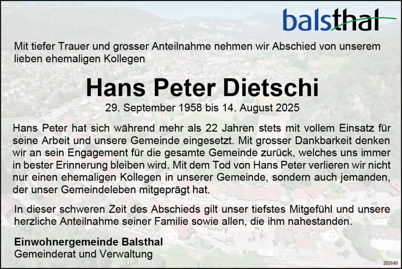 Hans Peter Dietschi 1958 Todesanzeige / Anzeiger Thal Gäu Olten