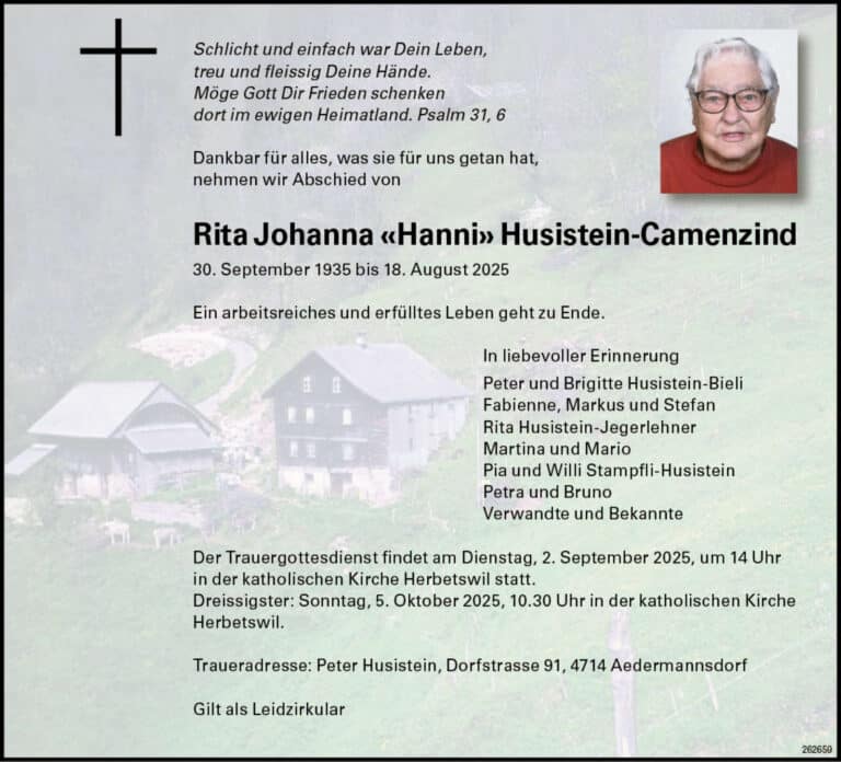 Rita Johanna «Hanni» Husistein-Camenzind 1935 Todesanzeige / Anzeiger Thal Gäu Olten