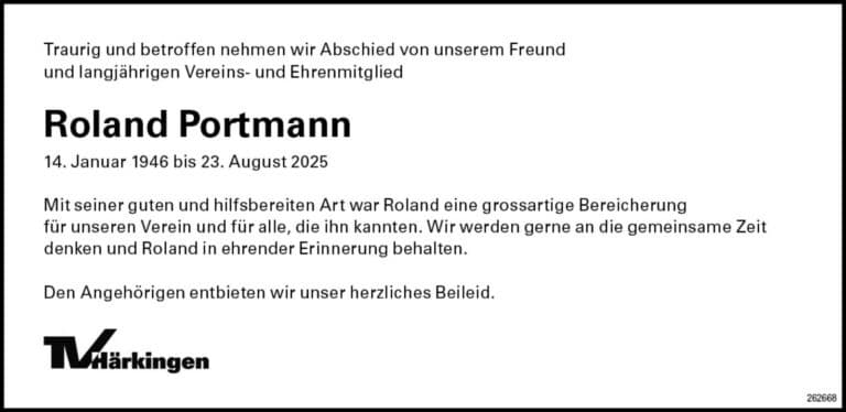 Roland Portmann 1946 Todesanzeige / Anzeiger Thal Gäu Olten