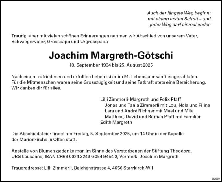 Joachim Margreth-Götschi 1934 Todesanzeige / Anzeiger Thal Gäu Olten