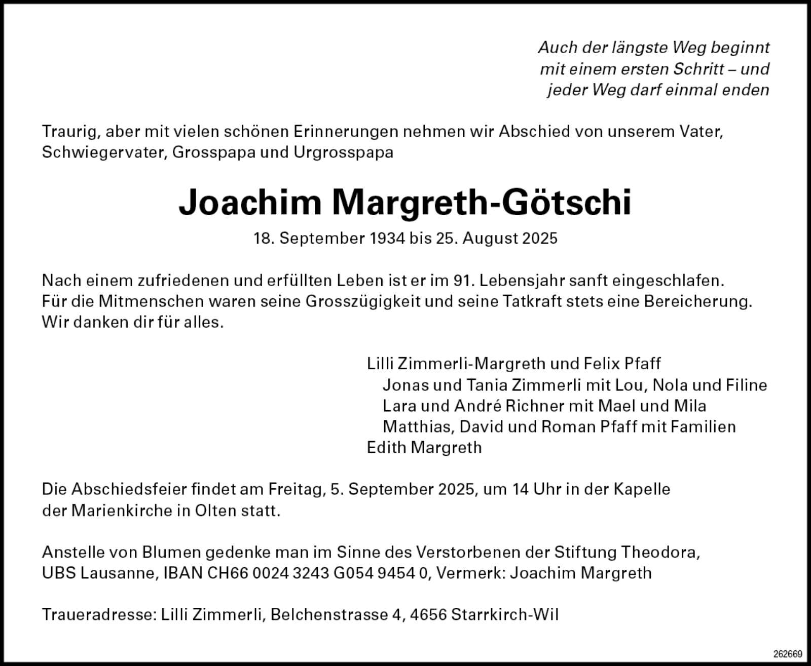 Joachim Margreth-Götschi 1934 Todesanzeige / Anzeiger Thal Gäu Olten