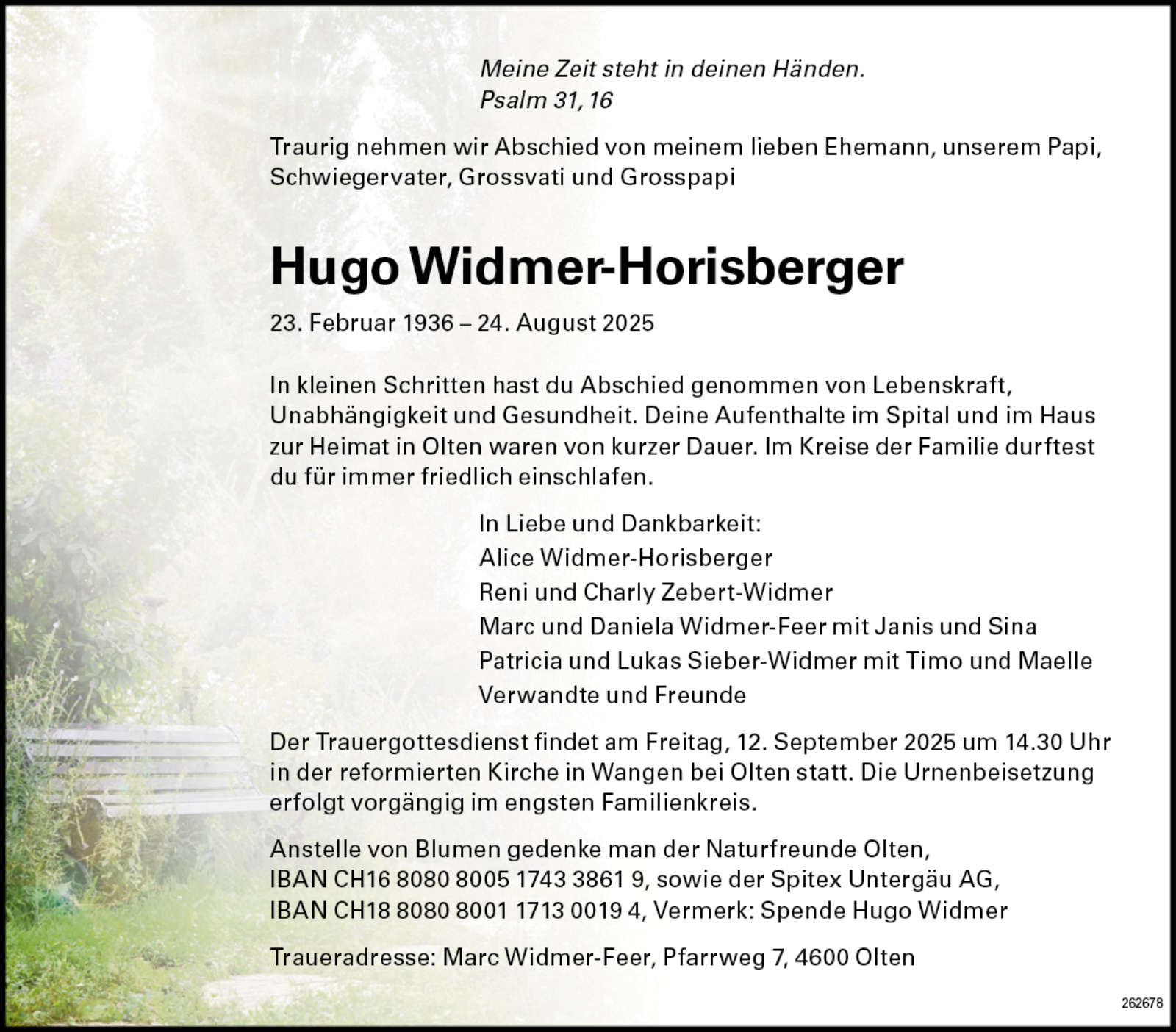 Hugo Widmer-Horisberger 1936 Todesanzeige / Anzeiger Thal Gäu Olten