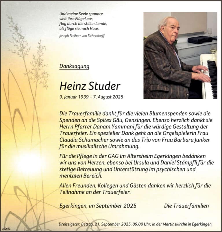 Heinz Studer 1939 Todesanzeige / Anzeiger Thal Gäu Olten