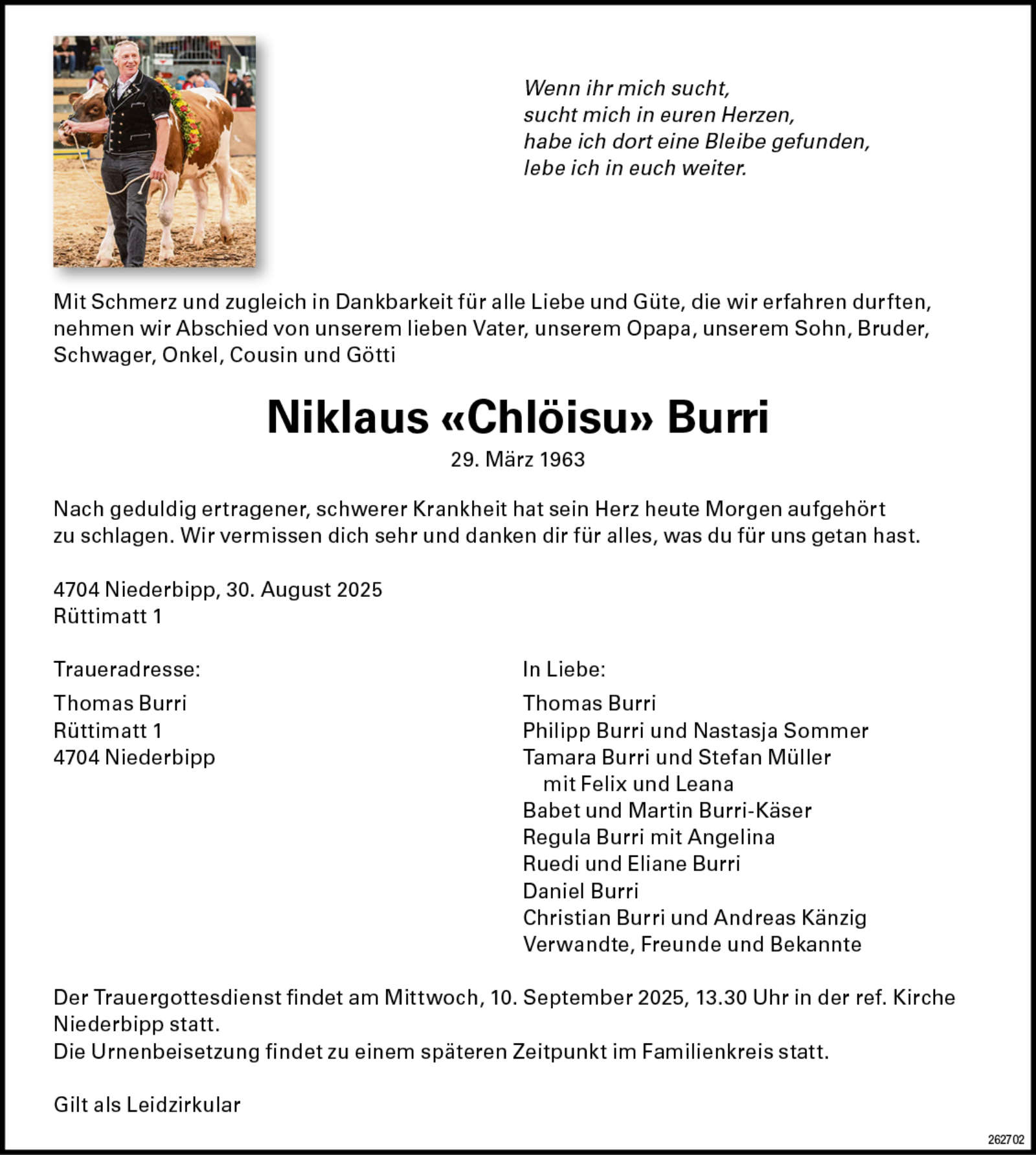 Niklaus «Chlöisu» Burri 1963 Todesanzeige / Anzeiger Thal Gäu Olten