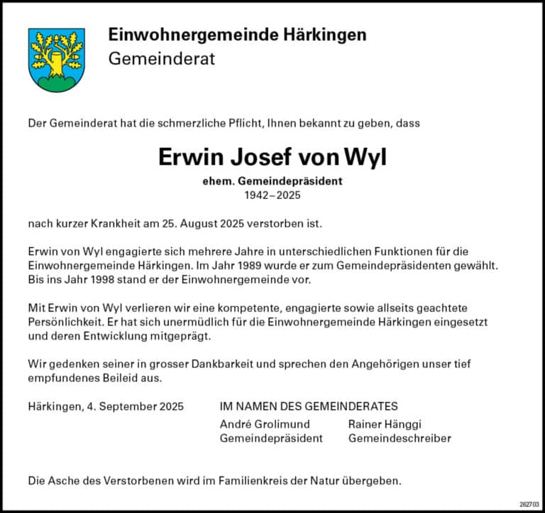 Erwin Josef von Wyl 1942 Todesanzeige / Anzeiger Thal Gäu Olten