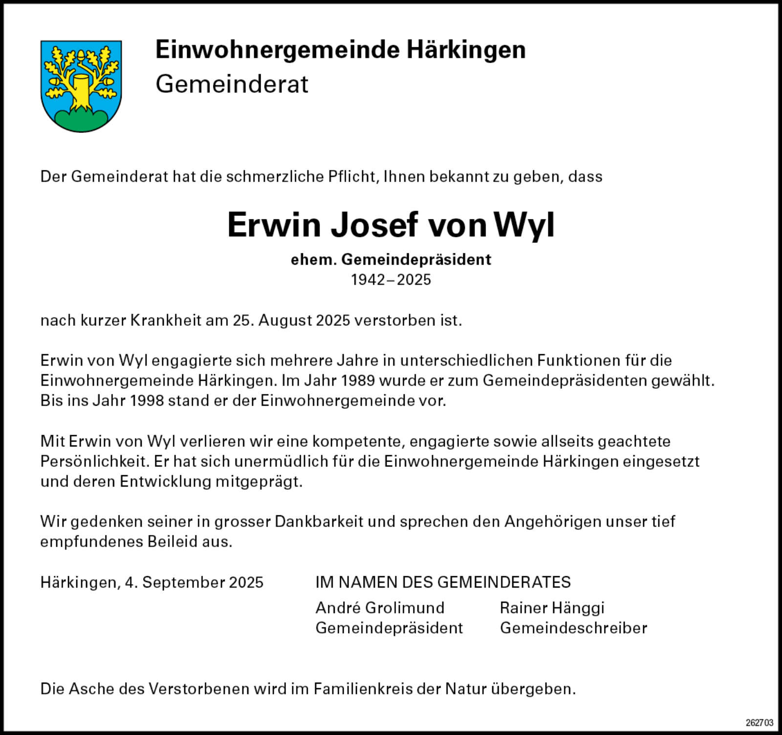 Erwin Josef von Wyl 1942 Todesanzeige / Anzeiger Thal Gäu Olten