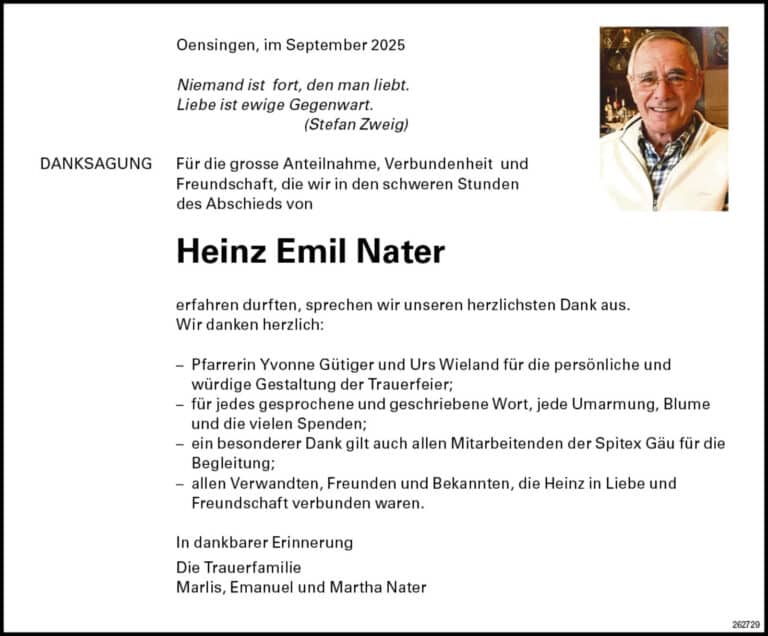 Heinz Emil Nater Todesanzeige / Anzeiger Thal Gäu Olten