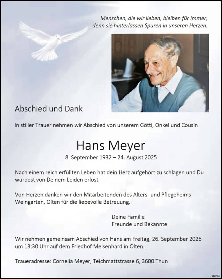 Hans Meyer 1932 Todesanzeige / Anzeiger Thal Gäu Olten