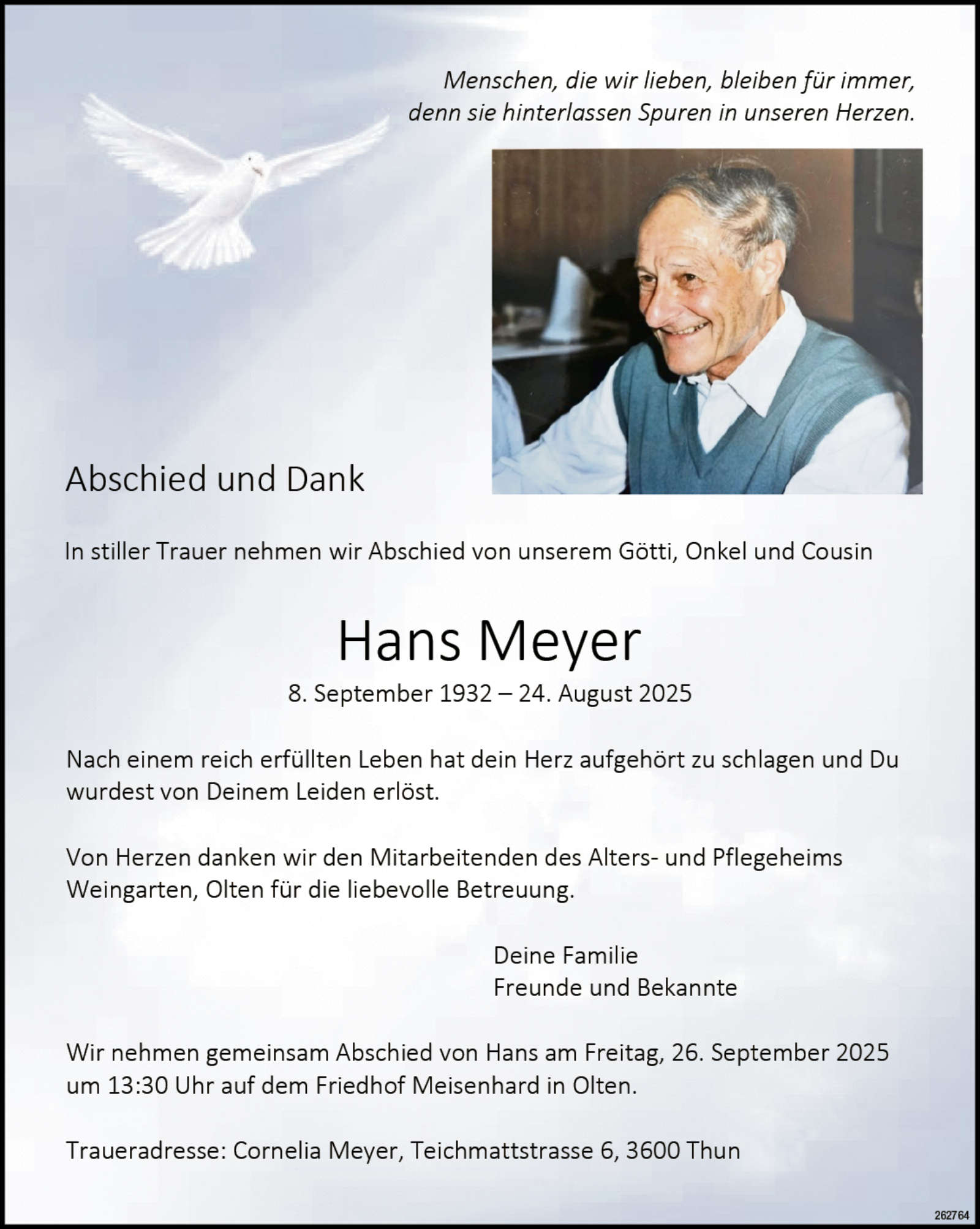 Hans Meyer 1932 Todesanzeige / Anzeiger Thal Gäu Olten