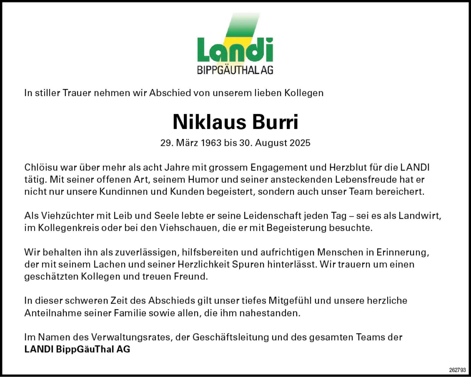 Niklaus Burri 1963 Todesanzeige / Anzeiger Thal Gäu Olten