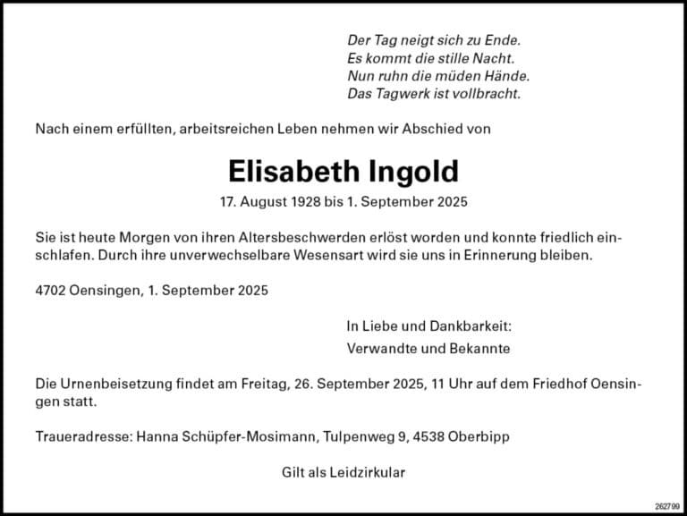 Elisabeth Ingold 1928 Todesanzeige / Anzeiger Thal Gäu Olten