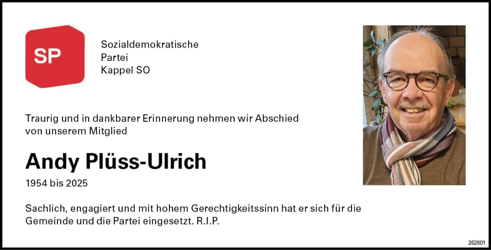 Andy Plüss-Ulrich 1954 Todesanzeige / Anzeiger Thal Gäu Olten