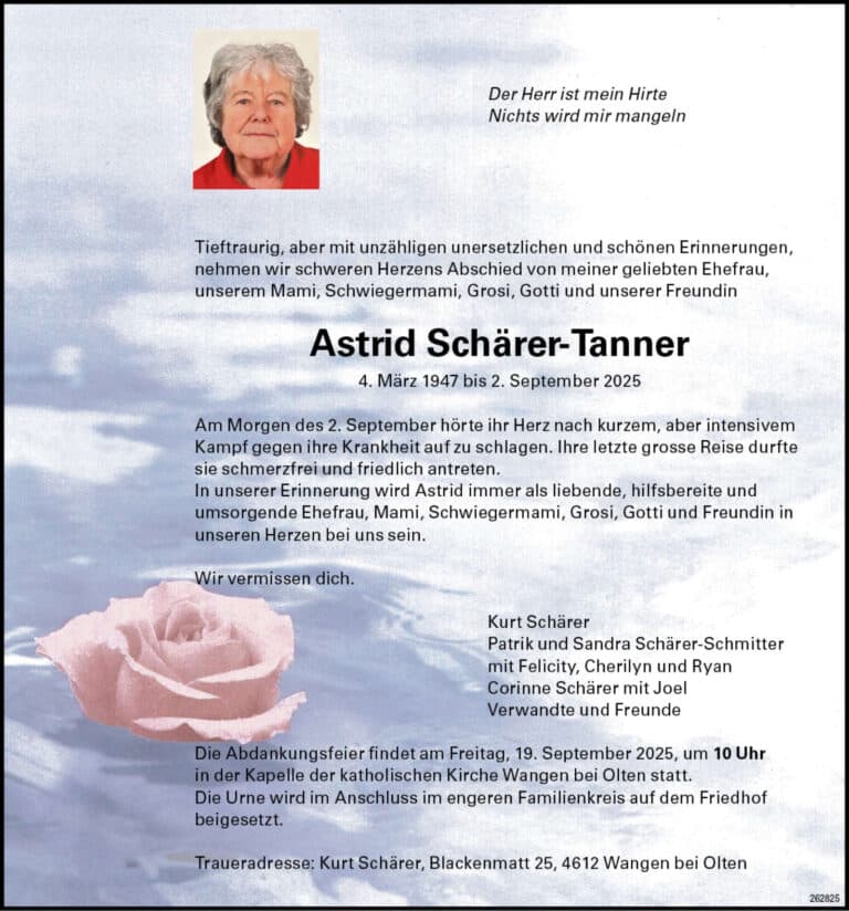 Astrid Schärer-Tanner 1947 Todesanzeige / Anzeiger Thal Gäu Olten
