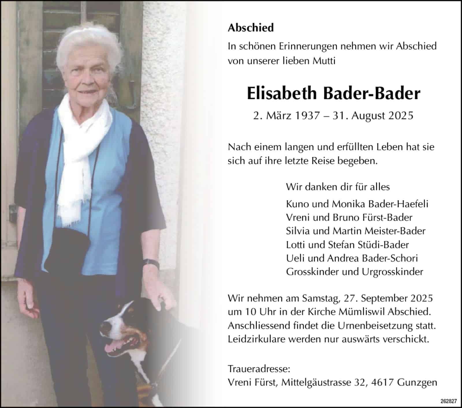 Elisabeth Bader-Bader 1937 Todesanzeige / Anzeiger Thal Gäu Olten
