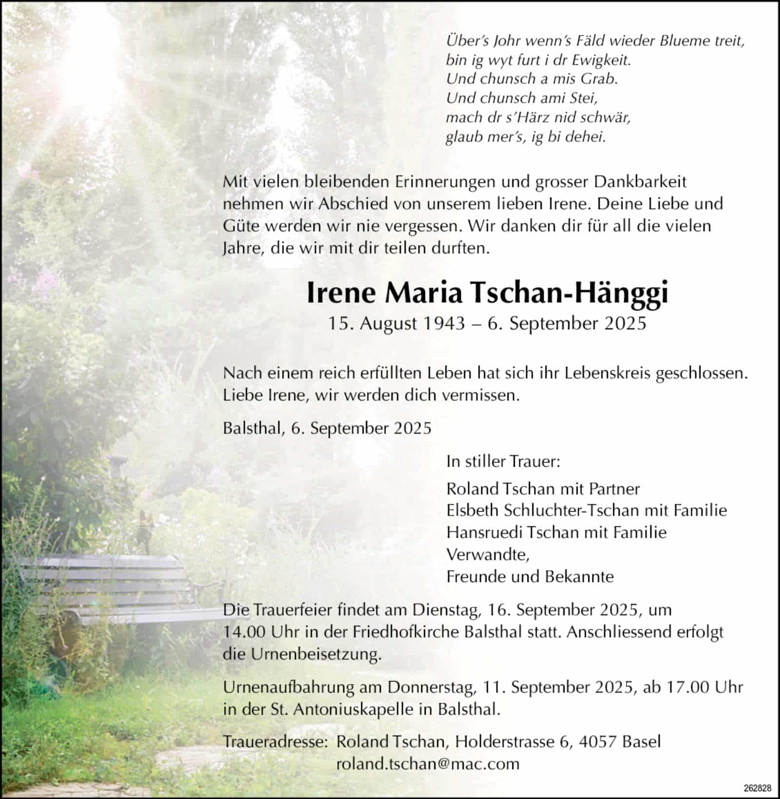 Irene Maria Tschan-Hänggi 1943 Todesanzeige / Anzeiger Thal Gäu Olten