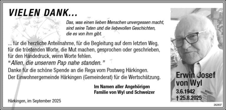 Erwin Josef von Wyl Todesanzeige / Anzeiger Thal Gäu Olten