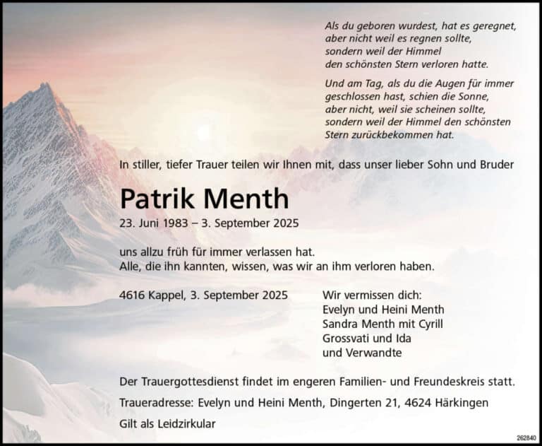 Patrik Menth 1983 Todesanzeige / Anzeiger Thal Gäu Olten