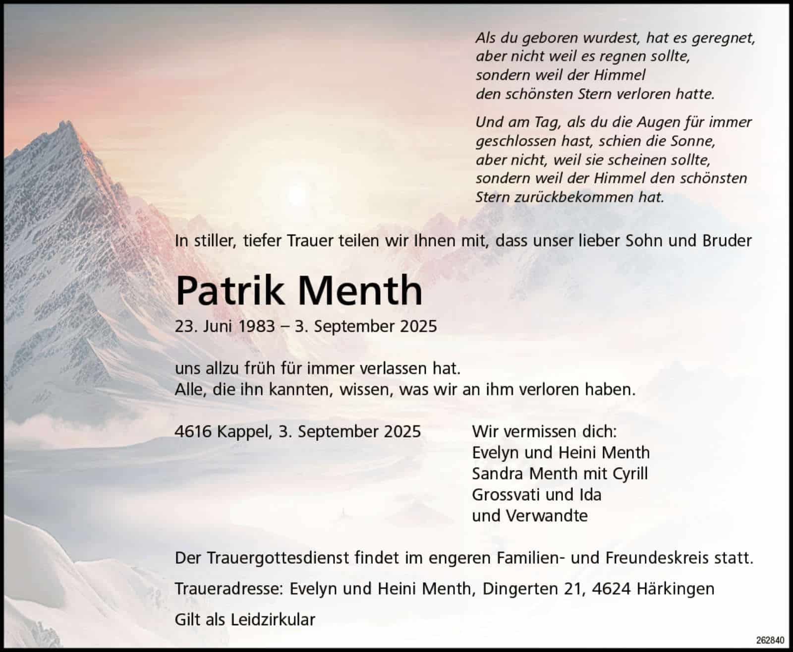 Patrik Menth 1983 Todesanzeige / Anzeiger Thal Gäu Olten