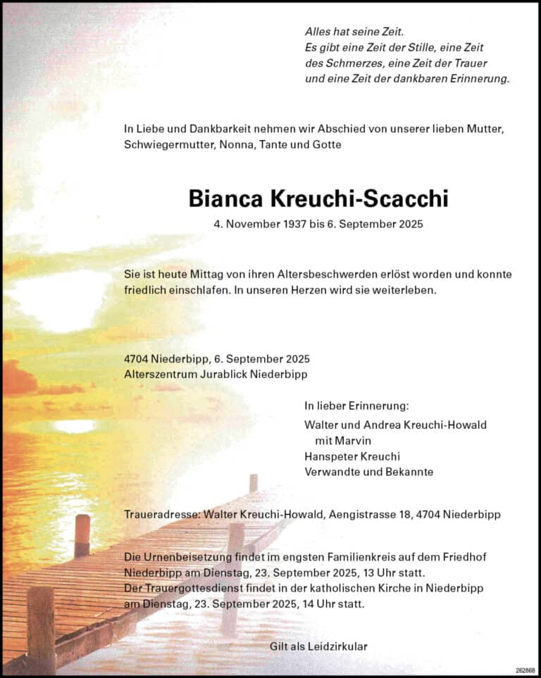 Bianca Kreuchi-Scacchi 1937 Todesanzeige / Anzeiger Thal Gäu Olten