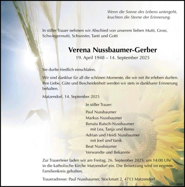 Verena Nussbaumer-Gerber 1948 Todesanzeige / Anzeiger Thal Gäu Olten