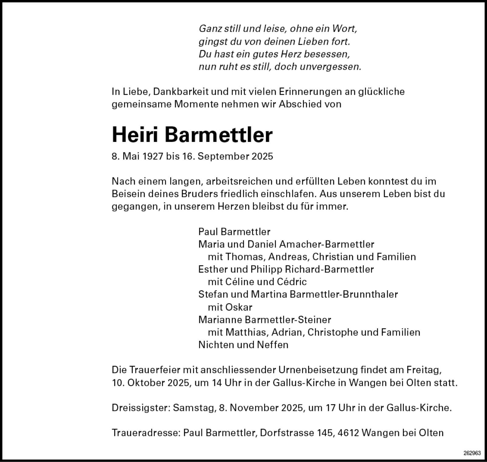Heiri Barmettler 1927 Todesanzeige / Anzeiger Thal Gäu Olten