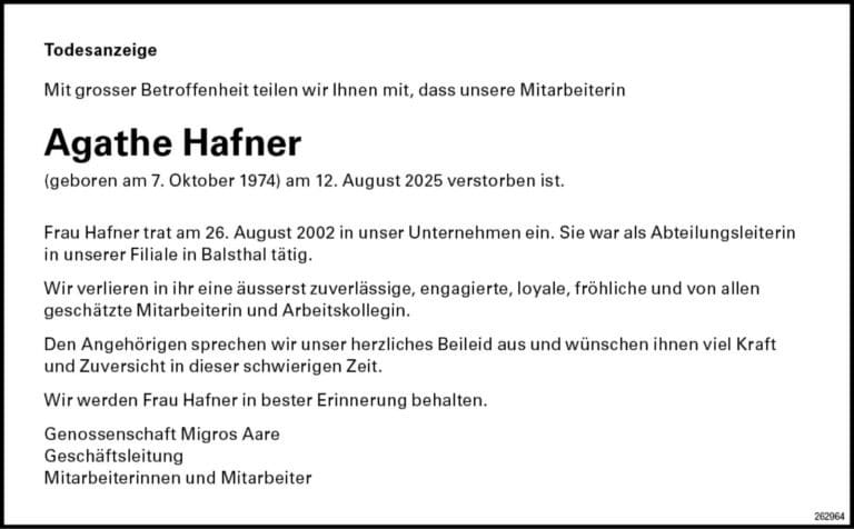 Agathe Hafner 1974 Todesanzeige / Anzeiger Thal Gäu Olten