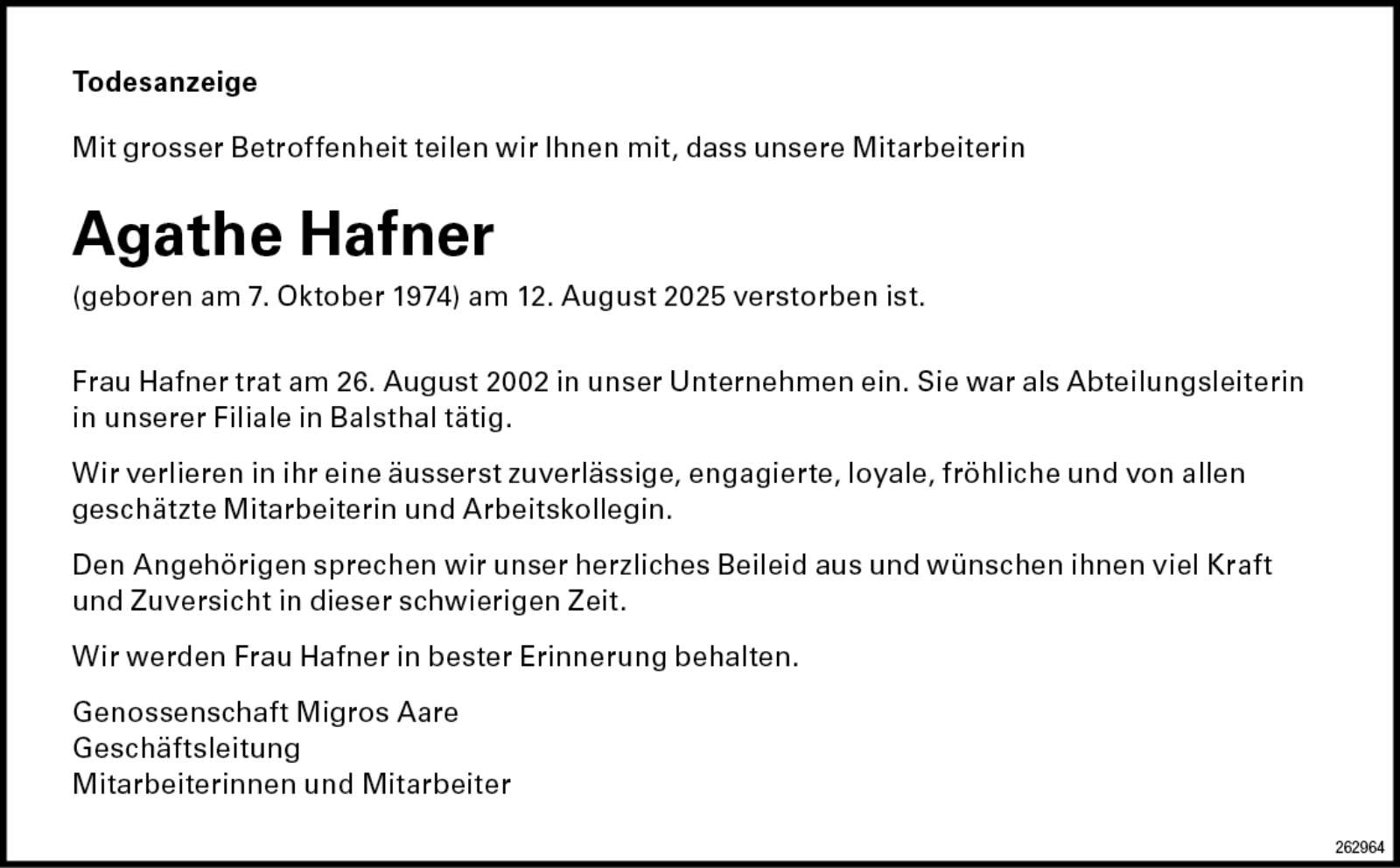 Agathe Hafner 1974 Todesanzeige / Anzeiger Thal Gäu Olten