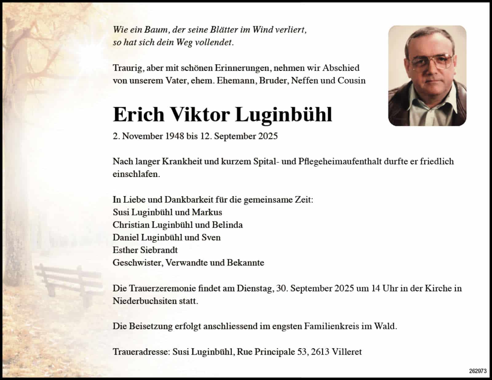 Erich Viktor Luginbühl 1948 Todesanzeige / Anzeiger Thal Gäu Olten