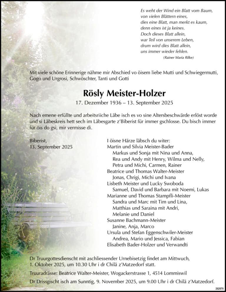 Rösly Meister-Holzer 1936 Todesanzeige / Anzeiger Thal Gäu Olten
