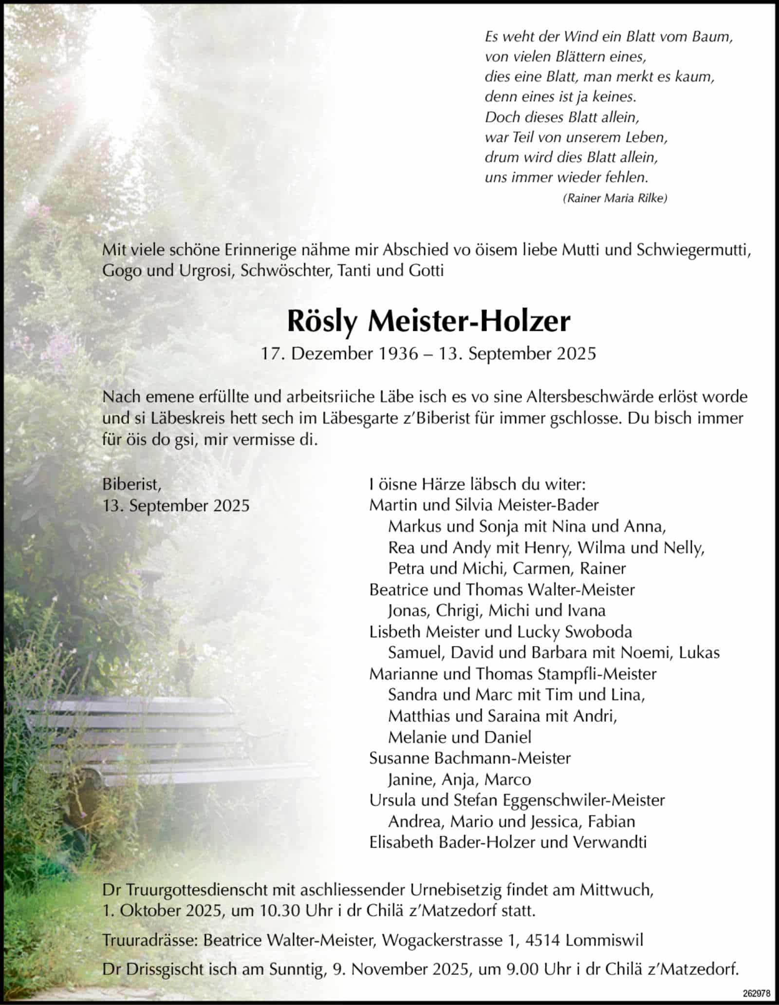 Rösly Meister-Holzer 1936 Todesanzeige / Anzeiger Thal Gäu Olten