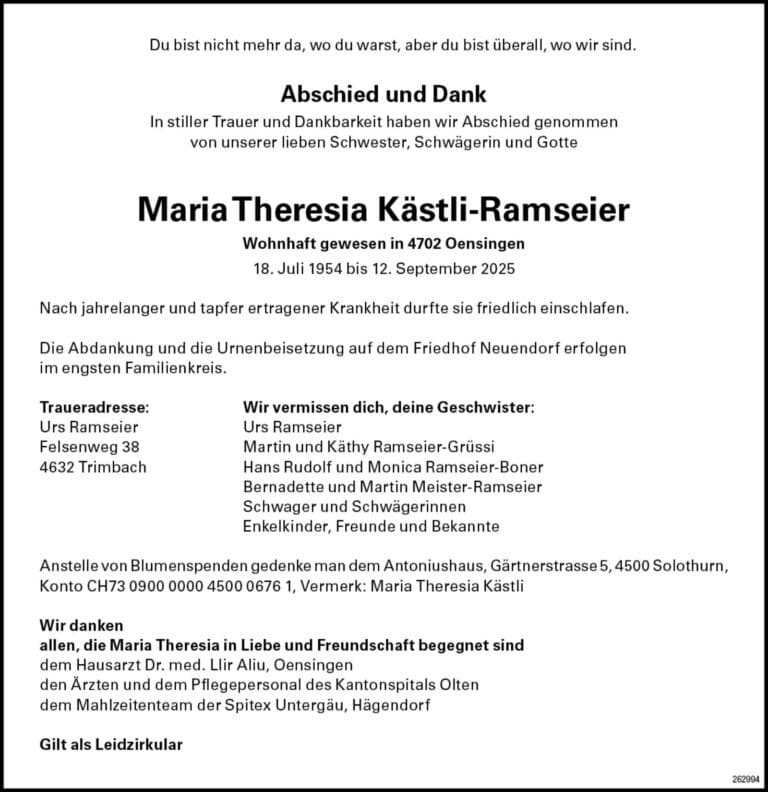 Maria Theresia Kästli-Ramseier 1954 Todesanzeige / Anzeiger Thal Gäu Olten