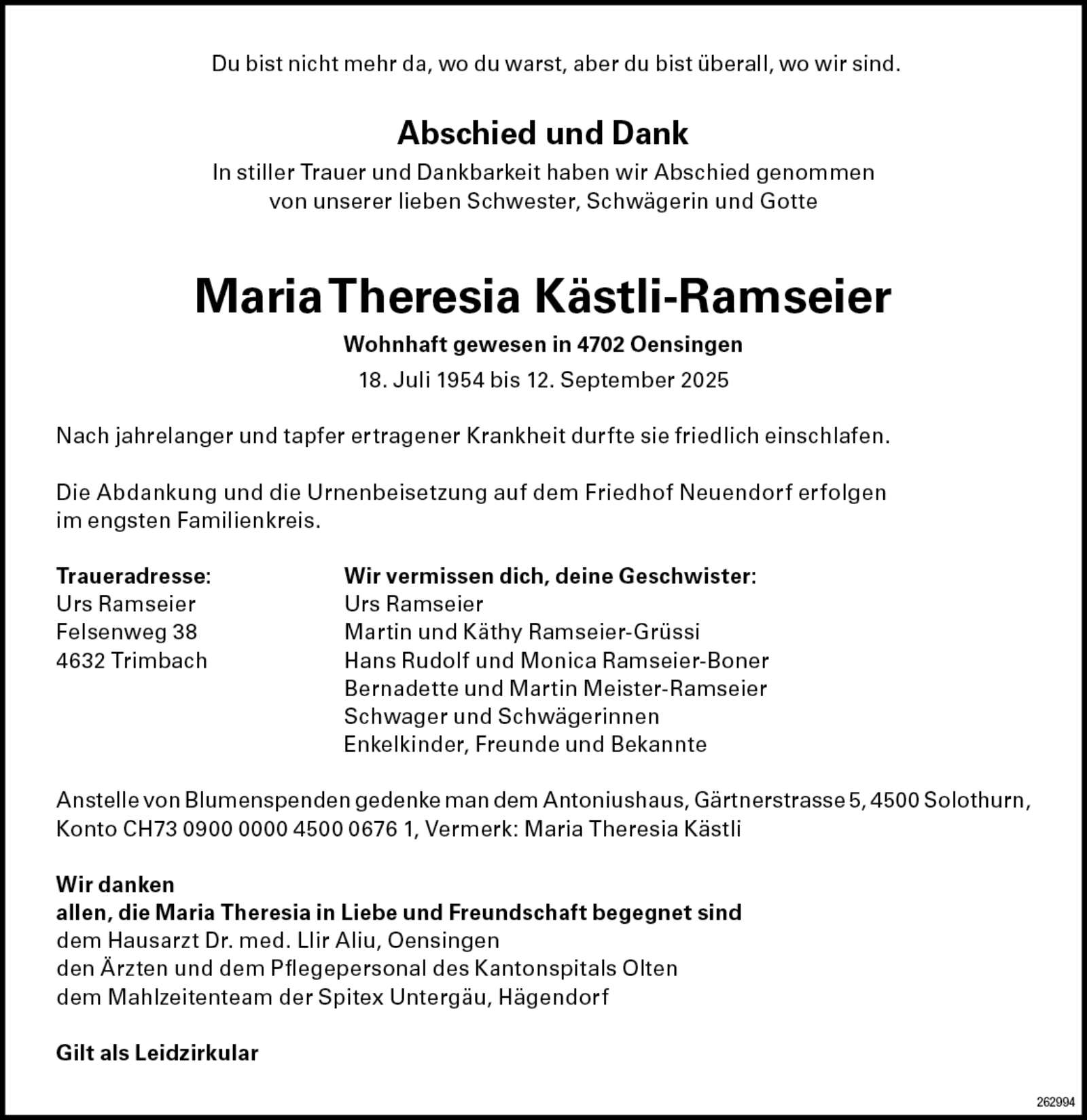 Maria Theresia Kästli-Ramseier 1954 Todesanzeige / Anzeiger Thal Gäu Olten