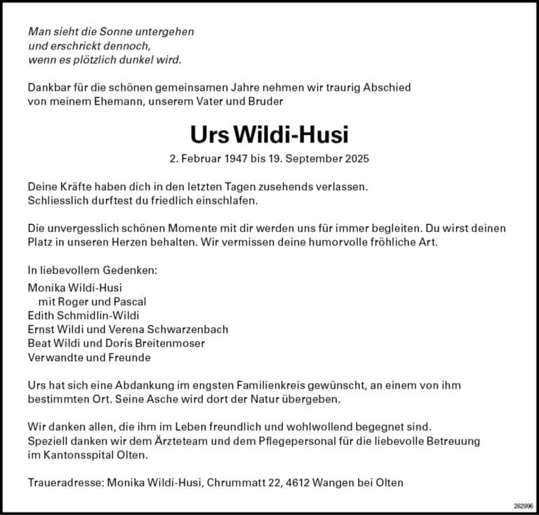 Urs Wildi-Husi 1947 Todesanzeige / Anzeiger Thal Gäu Olten