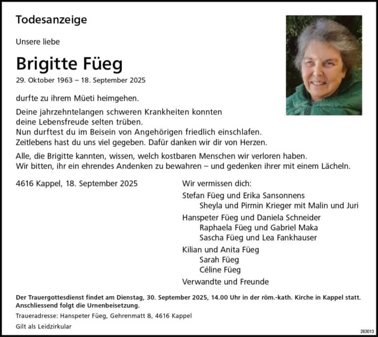 Brigitte Füeg 1963 Todesanzeige / Anzeiger Thal Gäu Olten