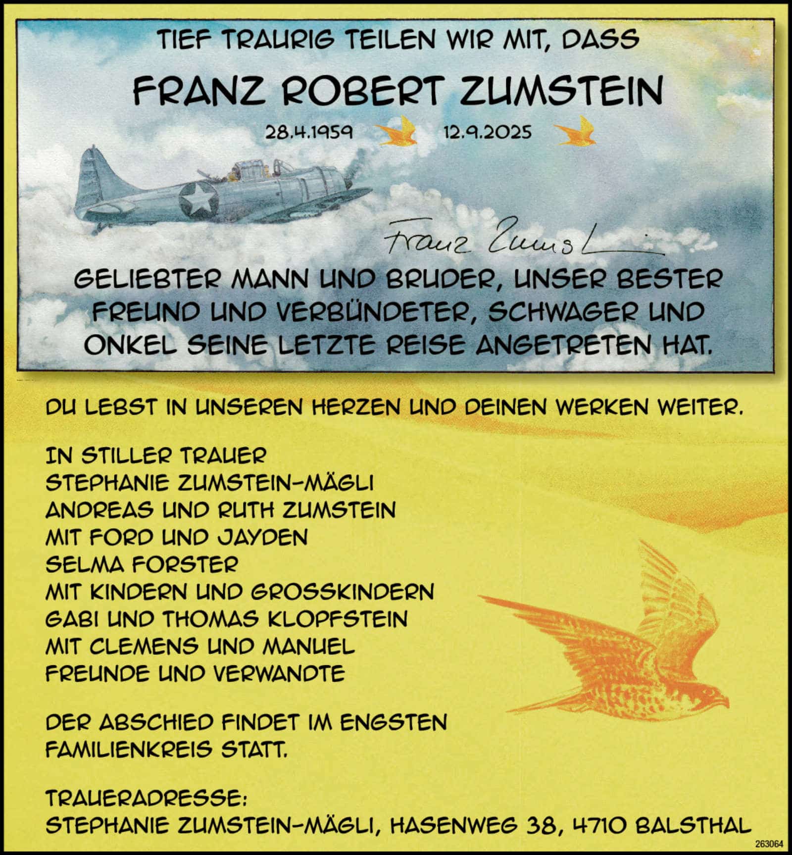 Franz Robert Zumstein 1959 Todesanzeige / Anzeiger Thal Gäu Olten