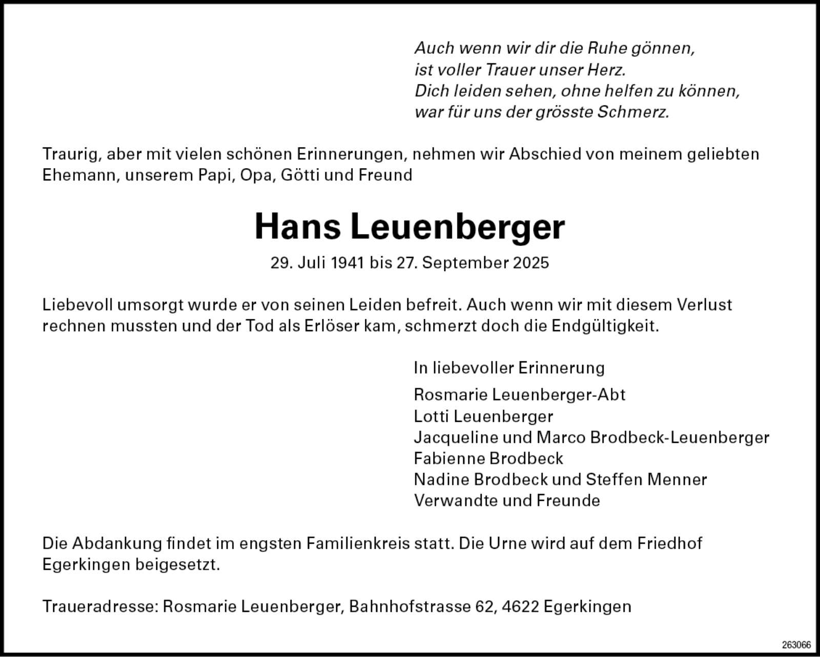 Hans Leuenberger 1941 Todesanzeige / Anzeiger Thal Gäu Olten