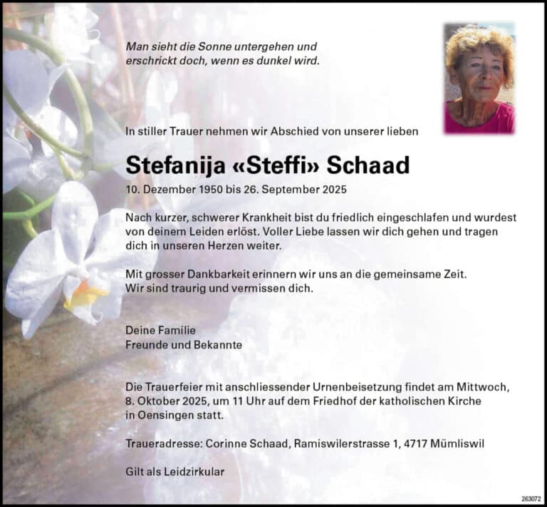 Stefanija «Steffi» Schaad 1959 Todesanzeige / Anzeiger Thal Gäu Olten